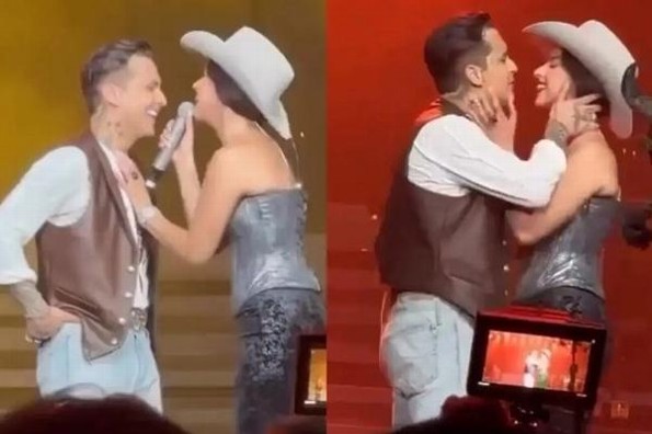 Ángela Aguilar y Christian Nodal se dan su primer beso públicamente (video)